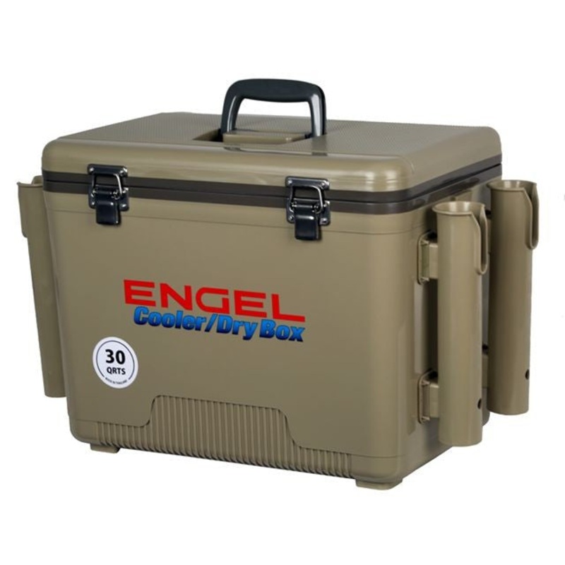 Engel 30 Qt. Cooler/Dry Box with Rod Holders – Tan